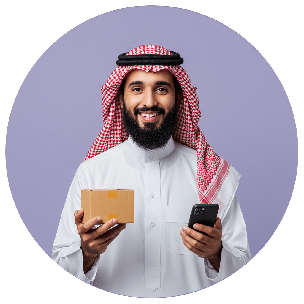 Seller with package and smartphone